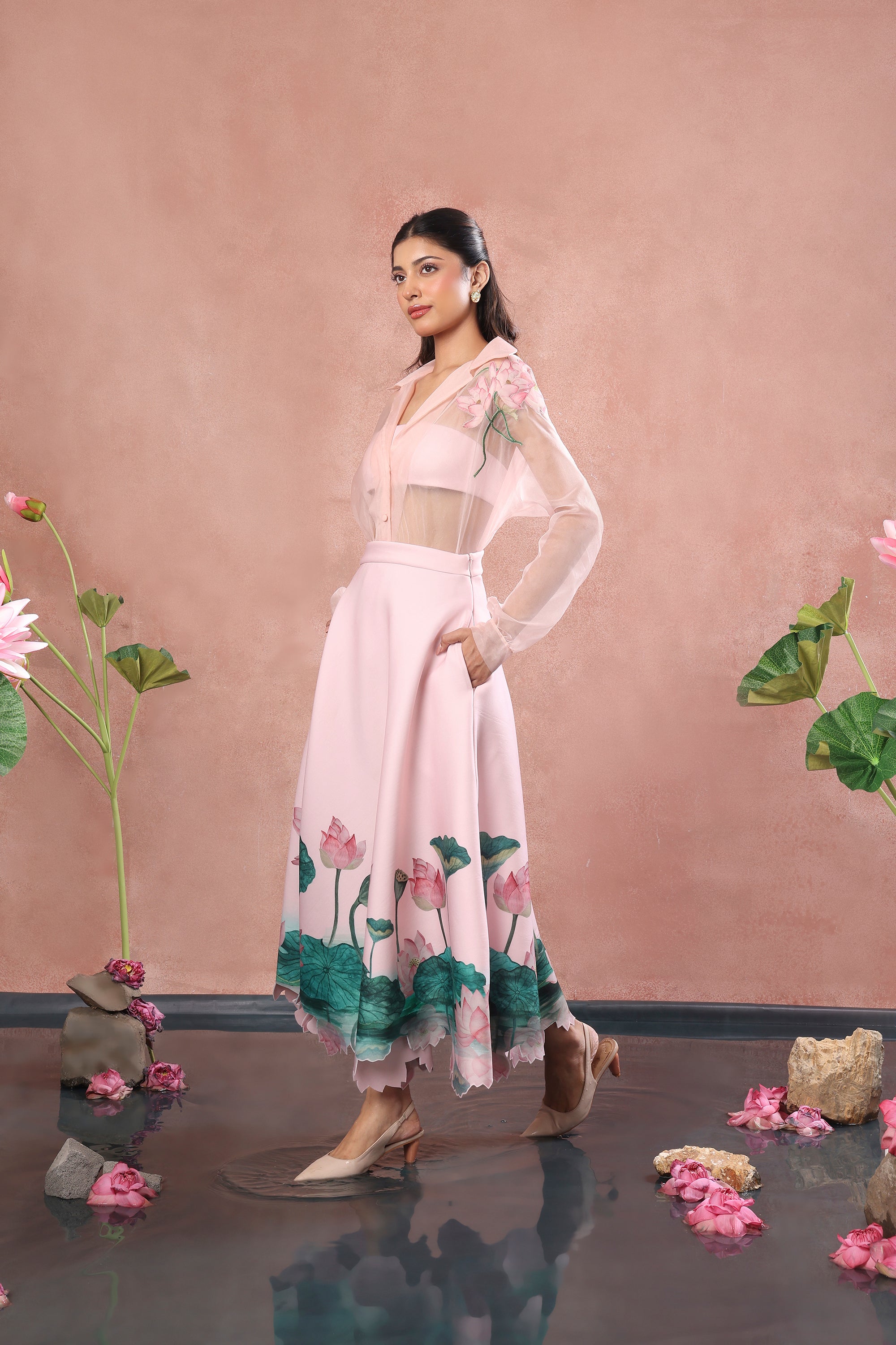 BLUSH PRINTED NEOPRENE SKIRT TOP WITH ORGANZA SHIRT
