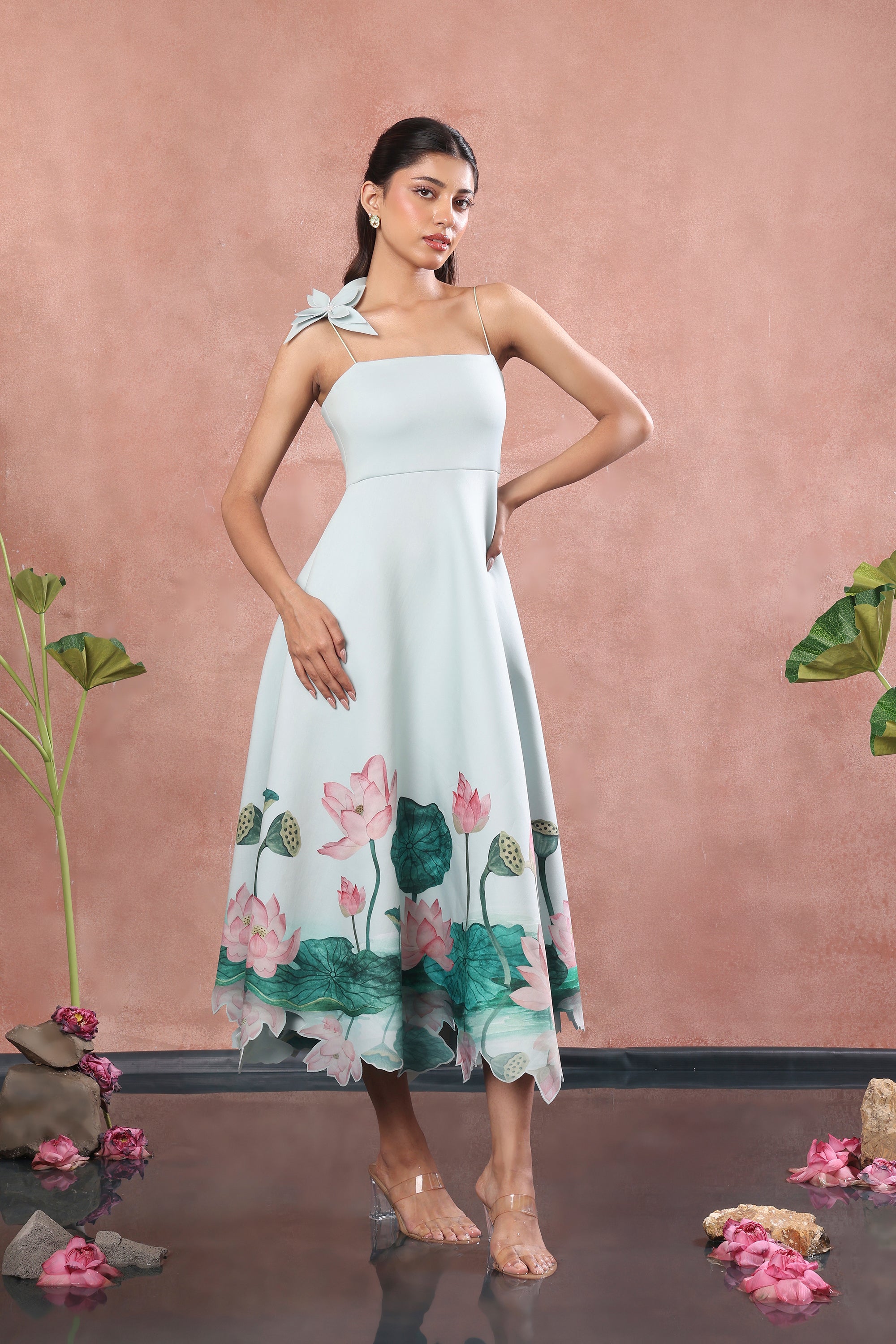 GREEN FLARED PRINTED DRESS WITH FLOWER