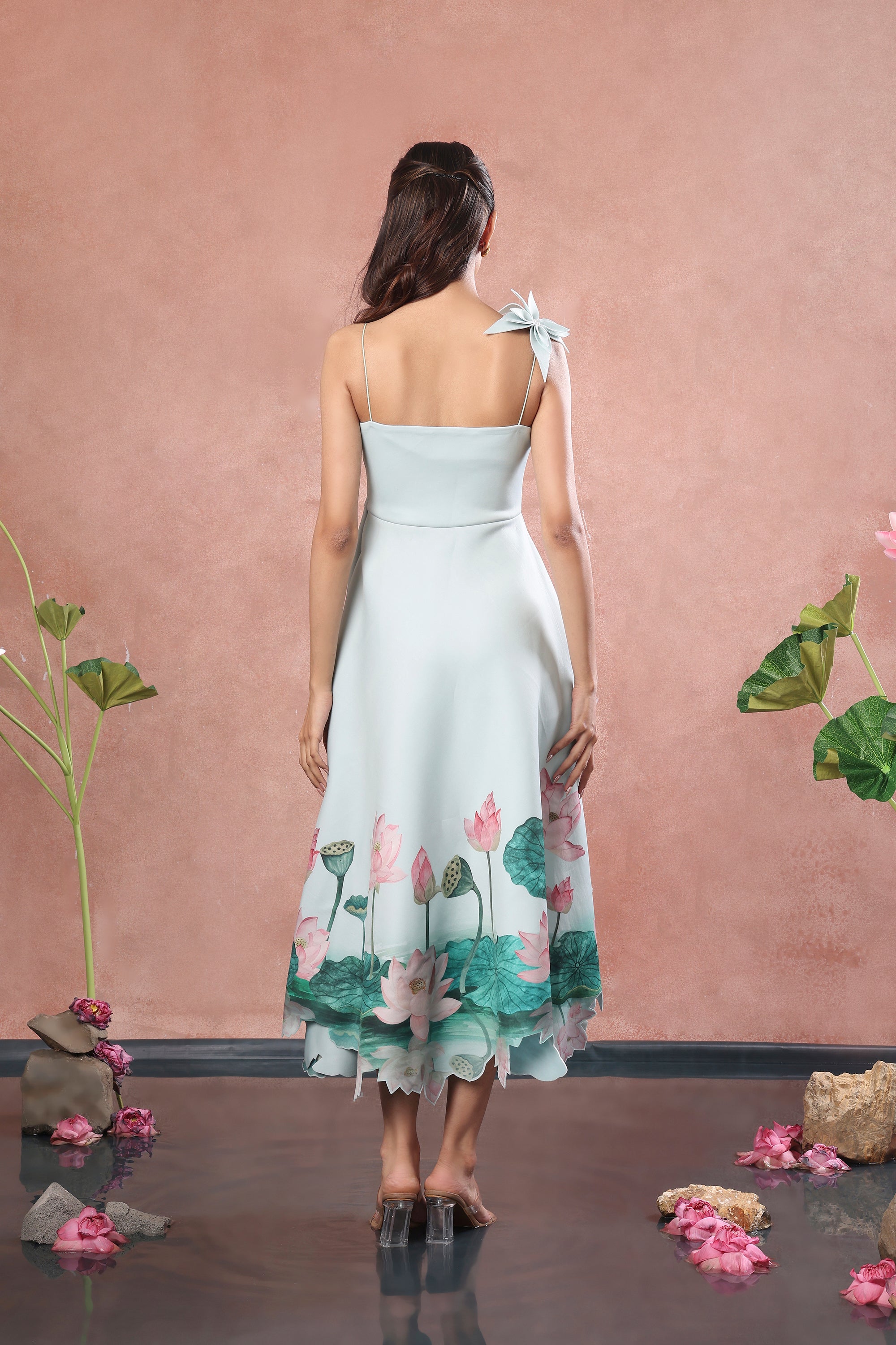 GREEN FLARED PRINTED DRESS WITH FLOWER