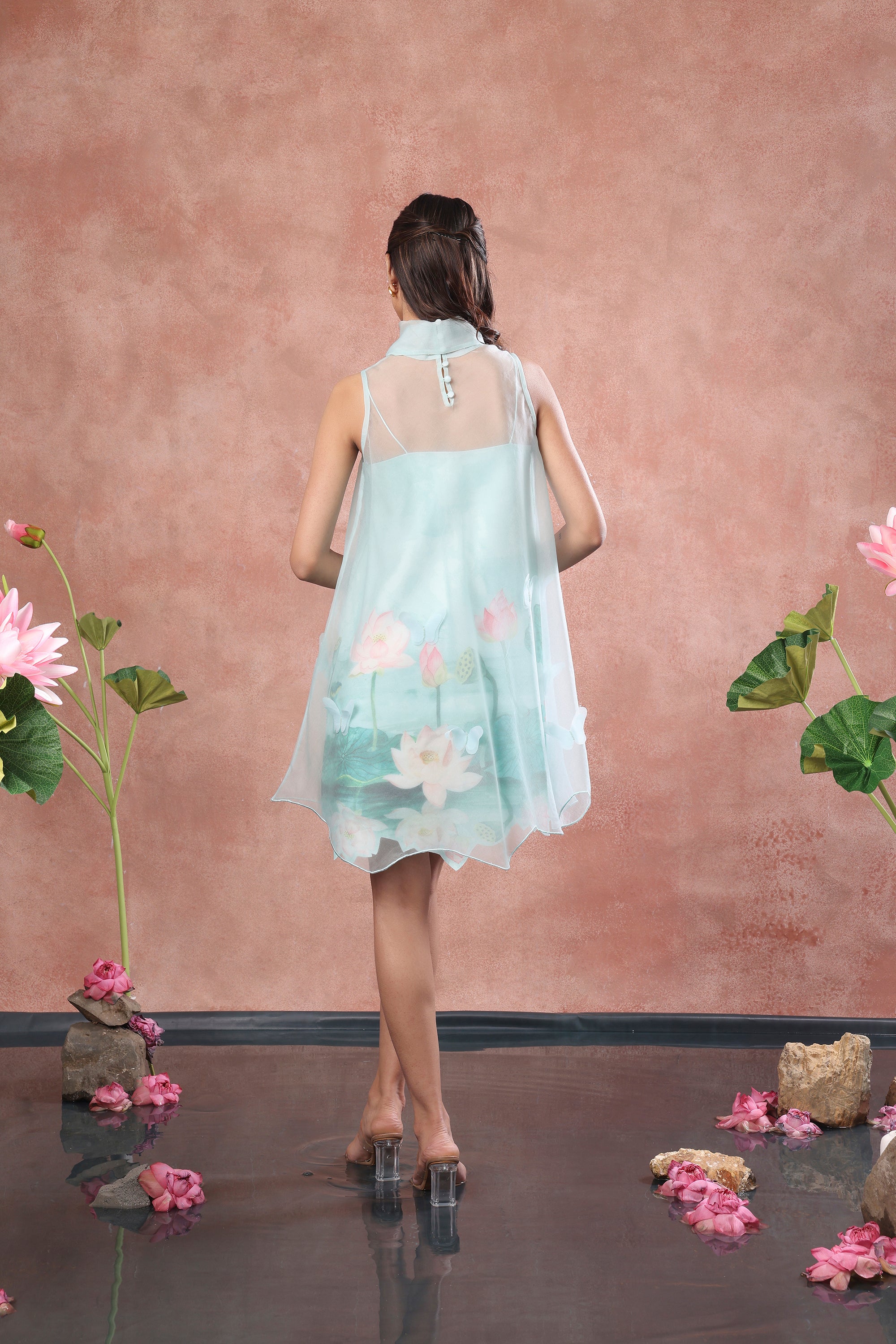 SHORT PRINTED DRESS WITH ORGANZA OVERLAY