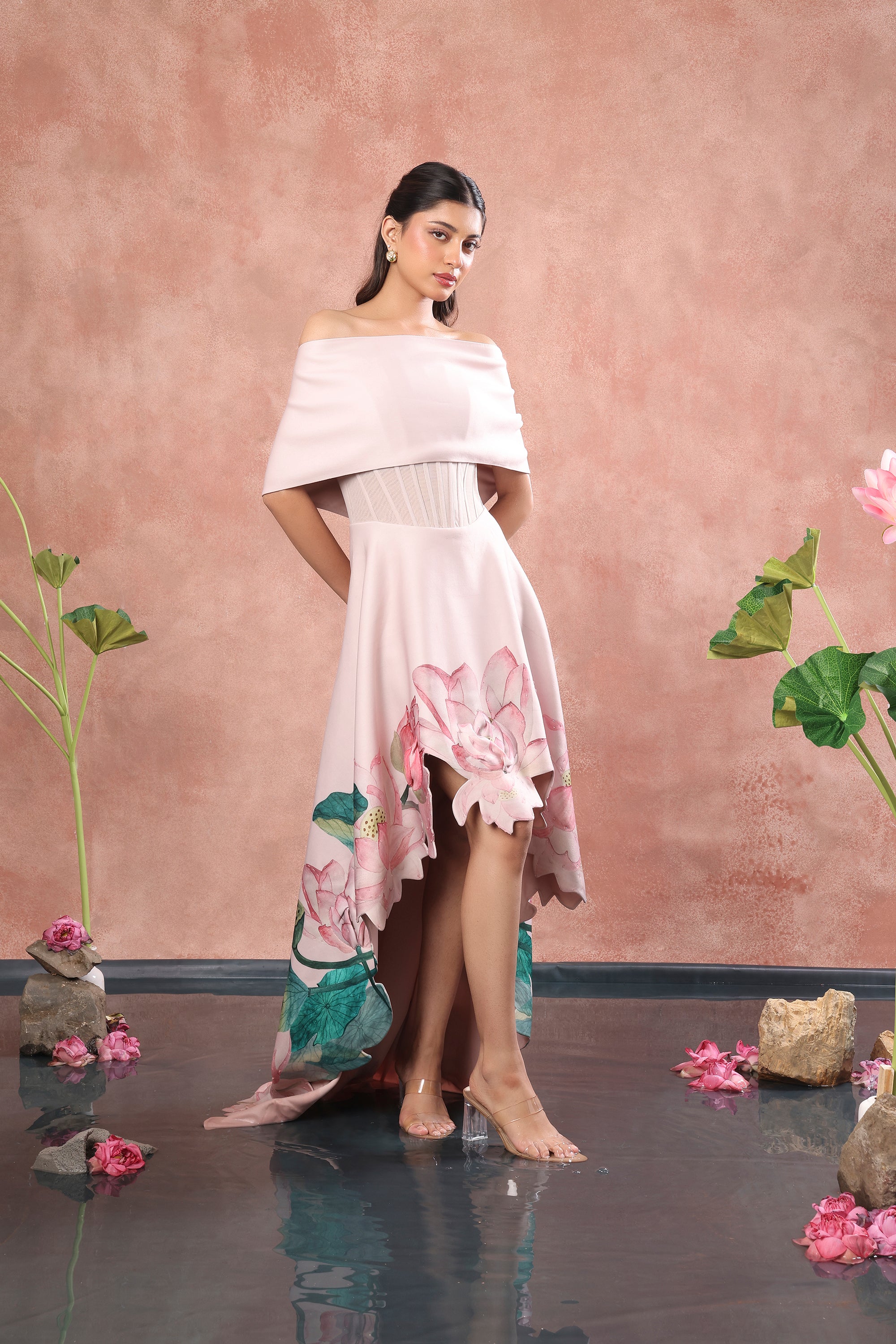 CORSET PRINTED HIGH LOW NEOPRENE DRESS WITH WRAP