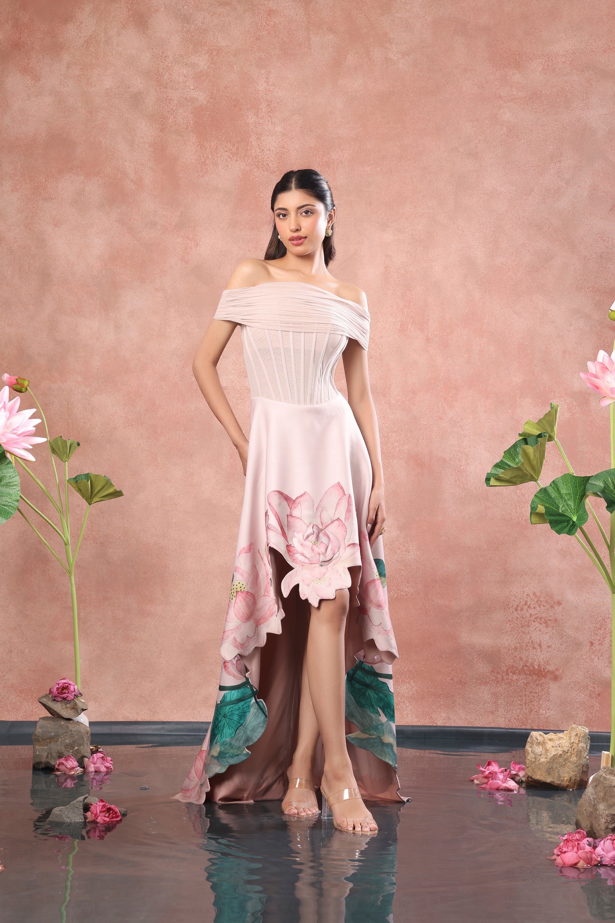 CORSET PRINTED HIGH LOW NEOPRENE DRESS WITH NET WRAP