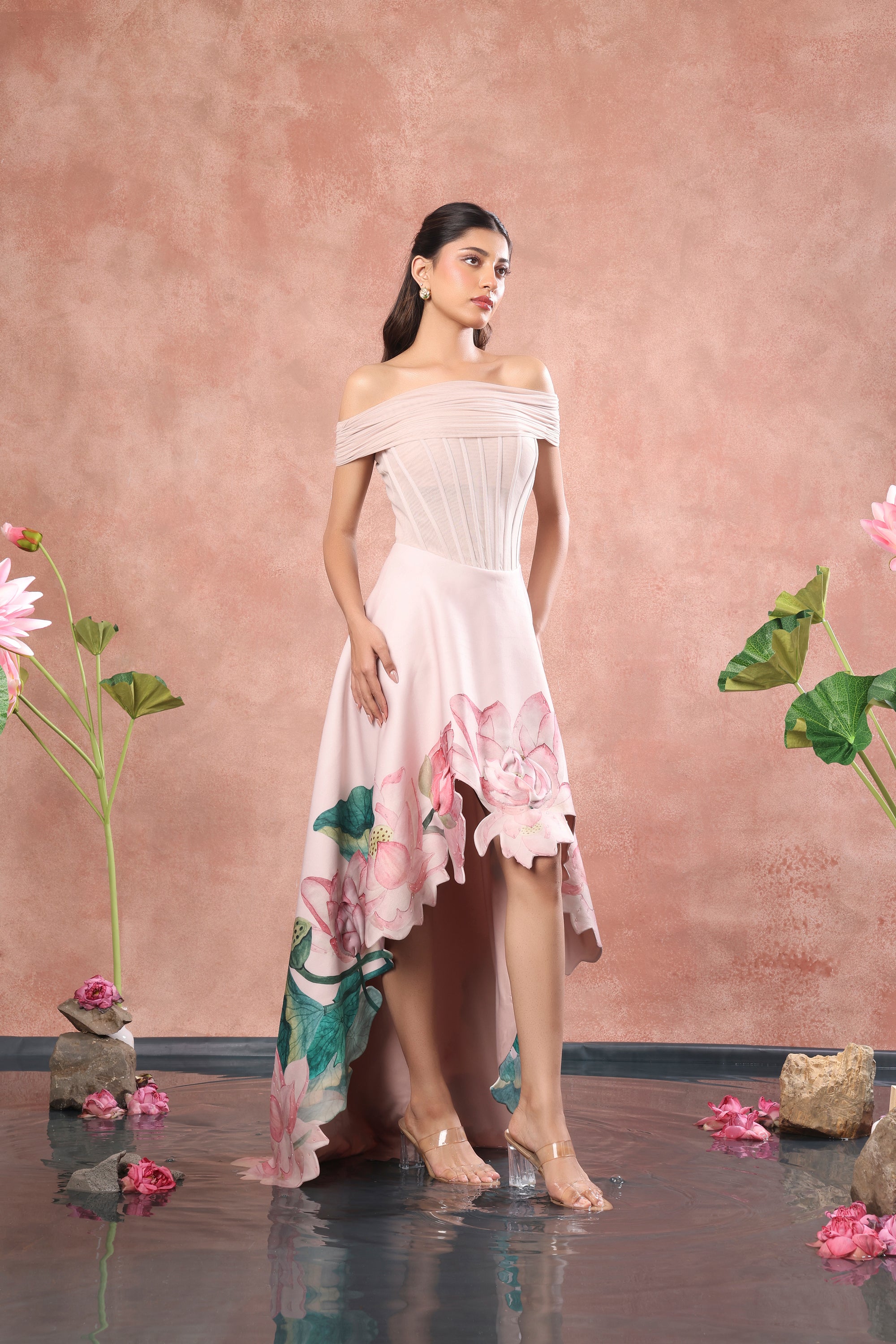 CORSET PRINTED HIGH LOW NEOPRENE DRESS WITH WRAP