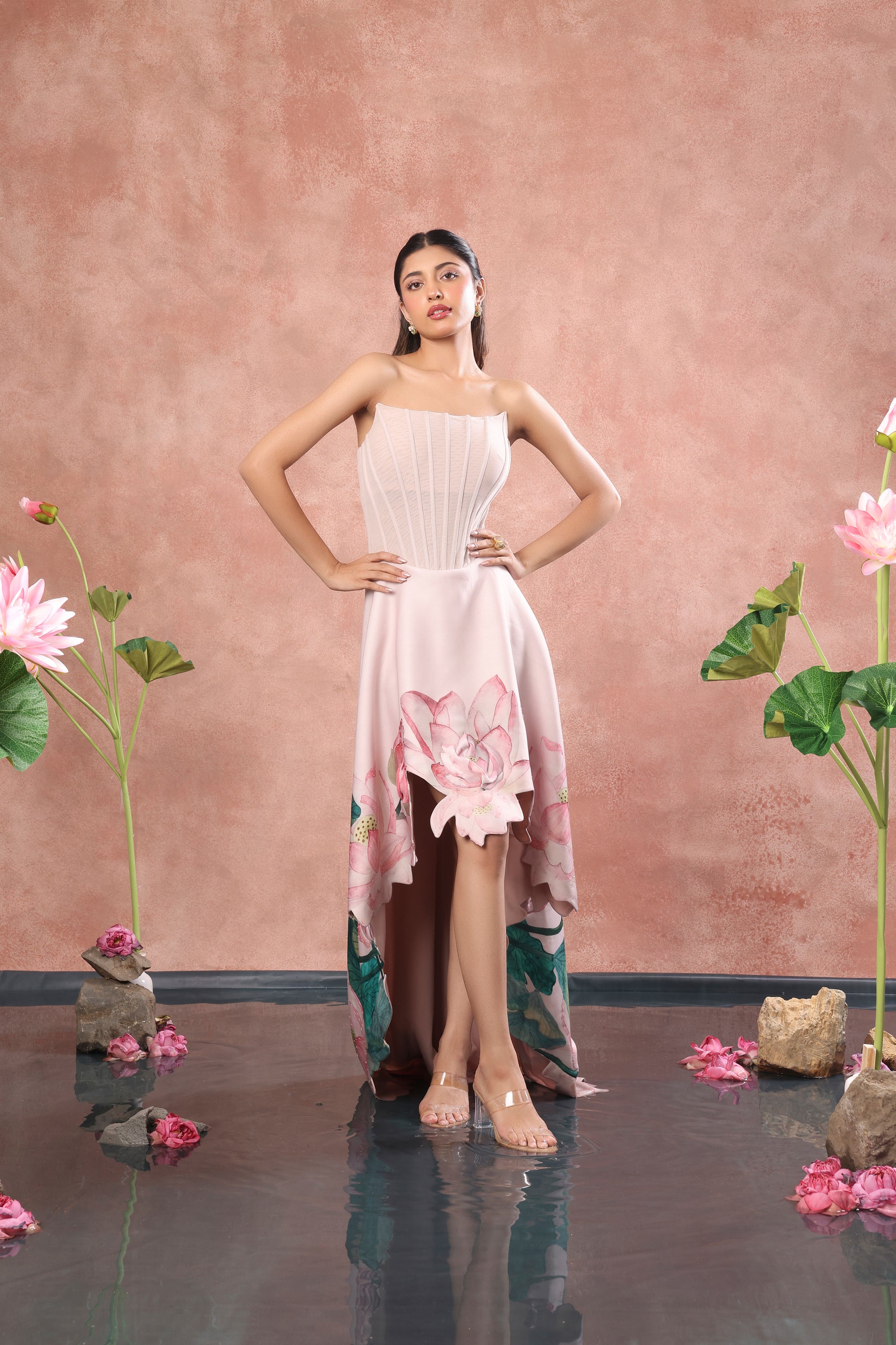 CORSET PRINTED HIGH LOW NEOPRENE DRESS