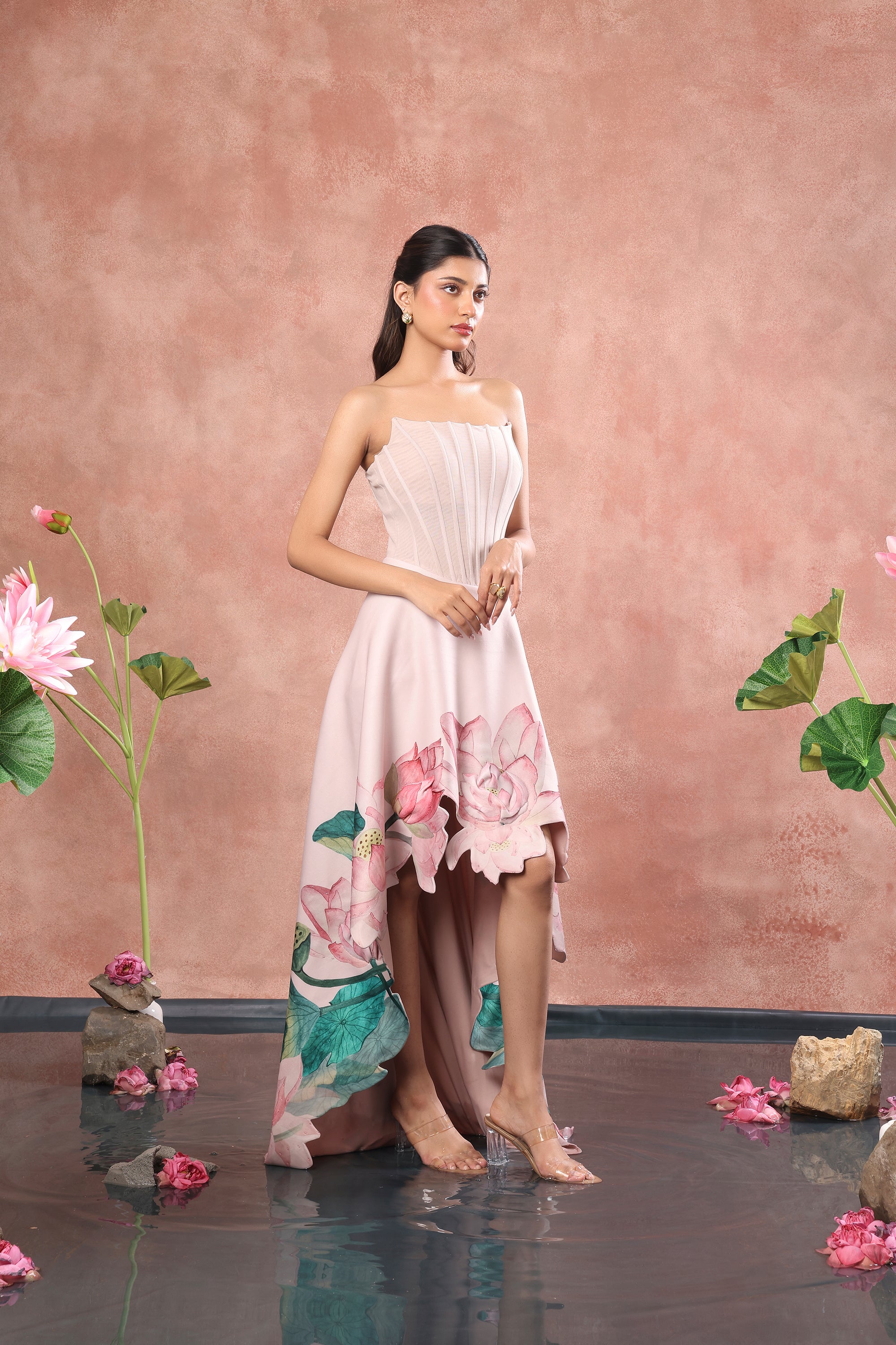 CORSET PRINTED HIGH LOW NEOPRENE DRESS