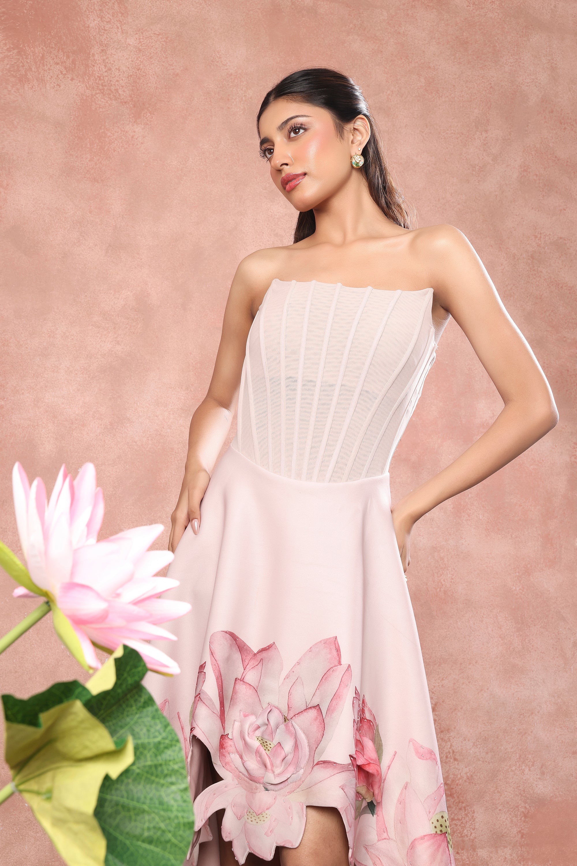 CORSET PRINTED HIGH LOW NEOPRENE DRESS