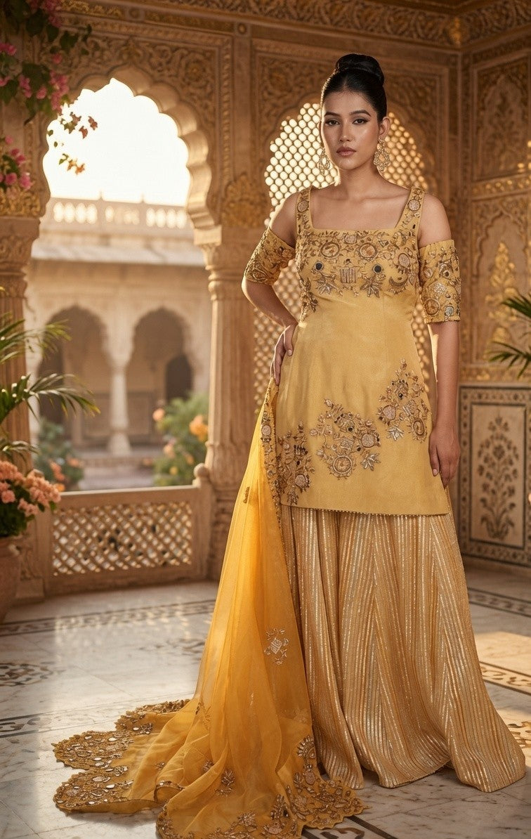 Off Shoulder Short Shirt with Garara and Dupatta
