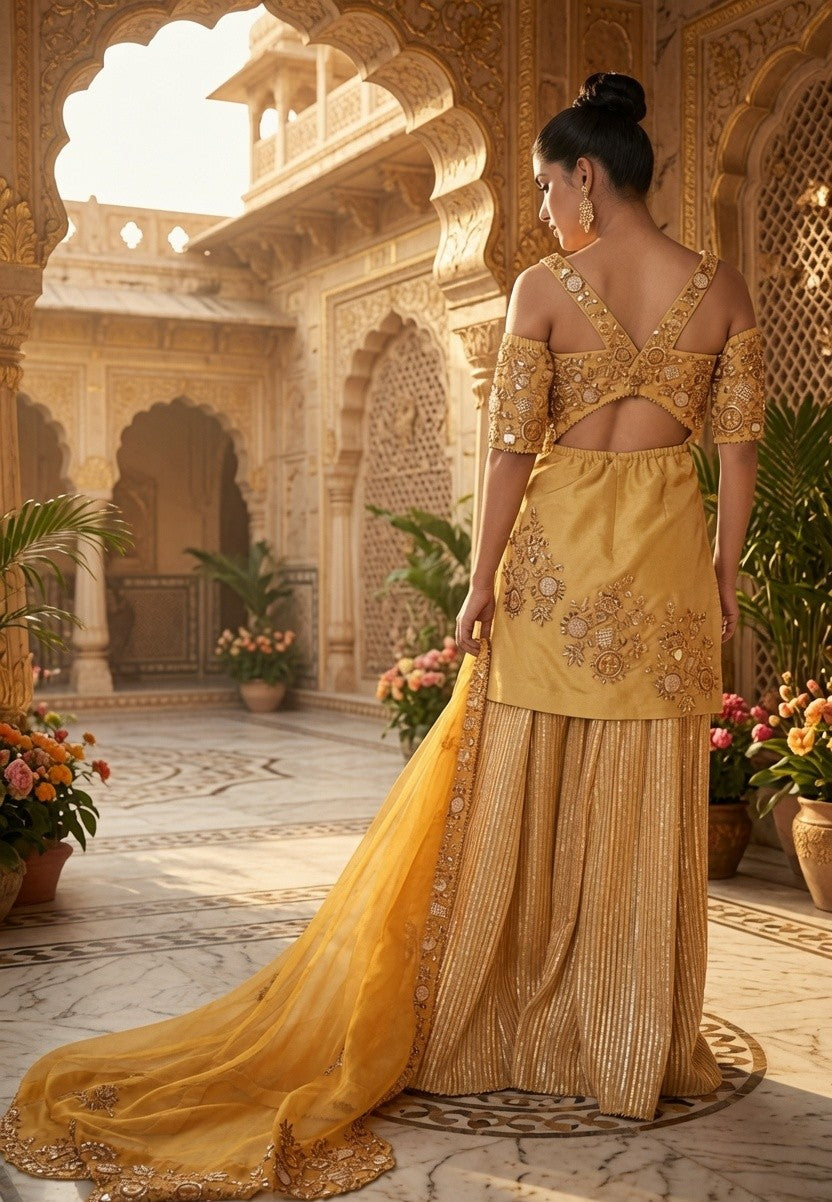Off Shoulder Short Shirt with Garara and Dupatta