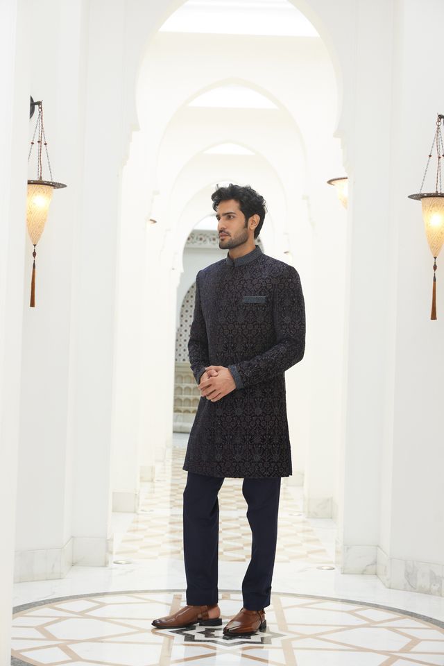 Midnight Blue Embroidered Velvet Short Sherwani with Kurta and Trouser