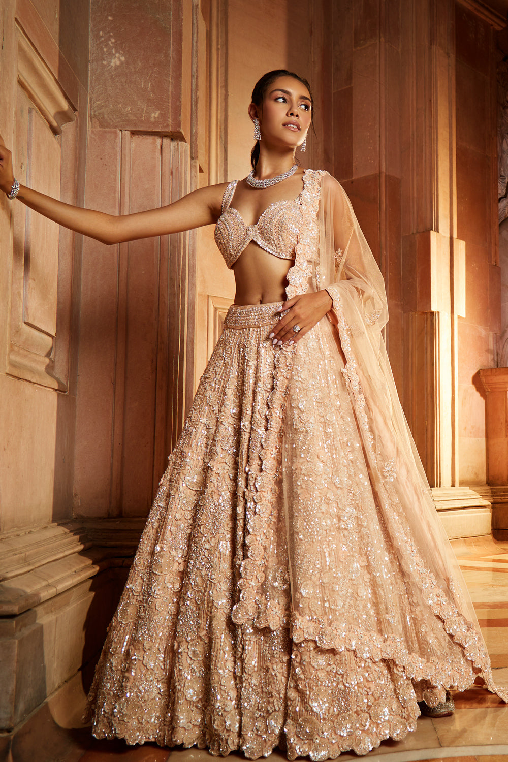Peach Tulle Lehenga Choli Dupatta Set