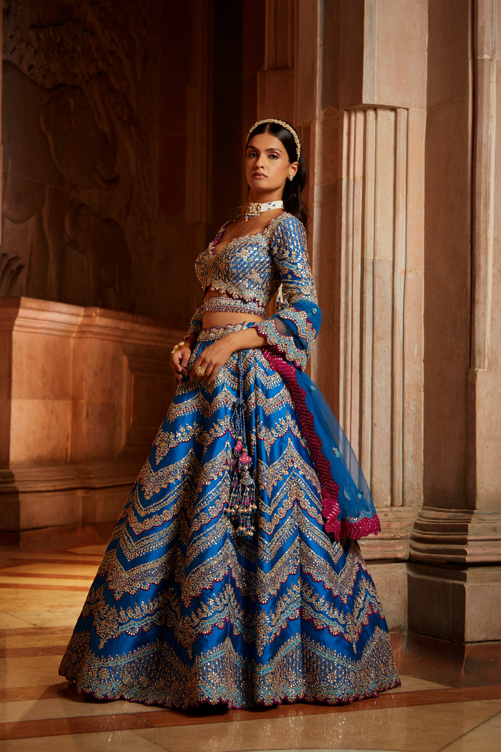 Peacock Blue Tafetta Lehenga Choli with a Tulle Dupatta and Belt