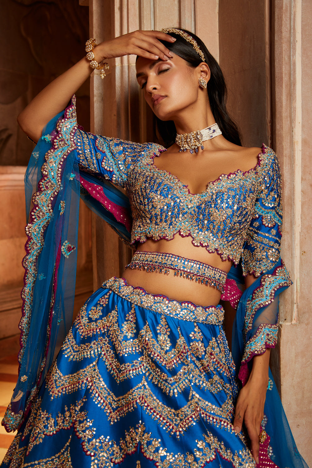 Peacock Blue Tafetta Lehenga Choli with a Tulle Dupatta and Belt