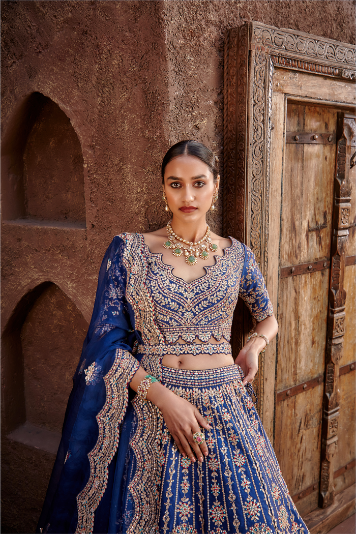 Midnight Blue Taffeta Lehenga Gota Work