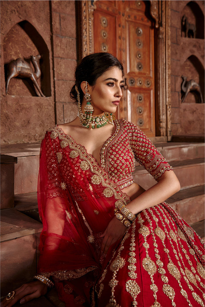 Red Raw Silk Lehenga Set