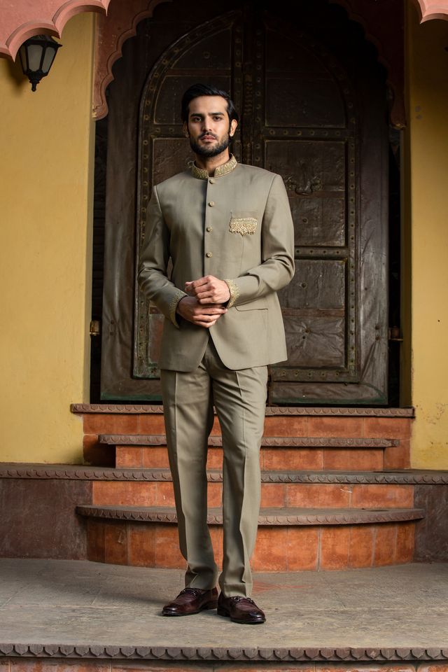 Olive Green Jodhpuri Suit Zardozi Embroidered
