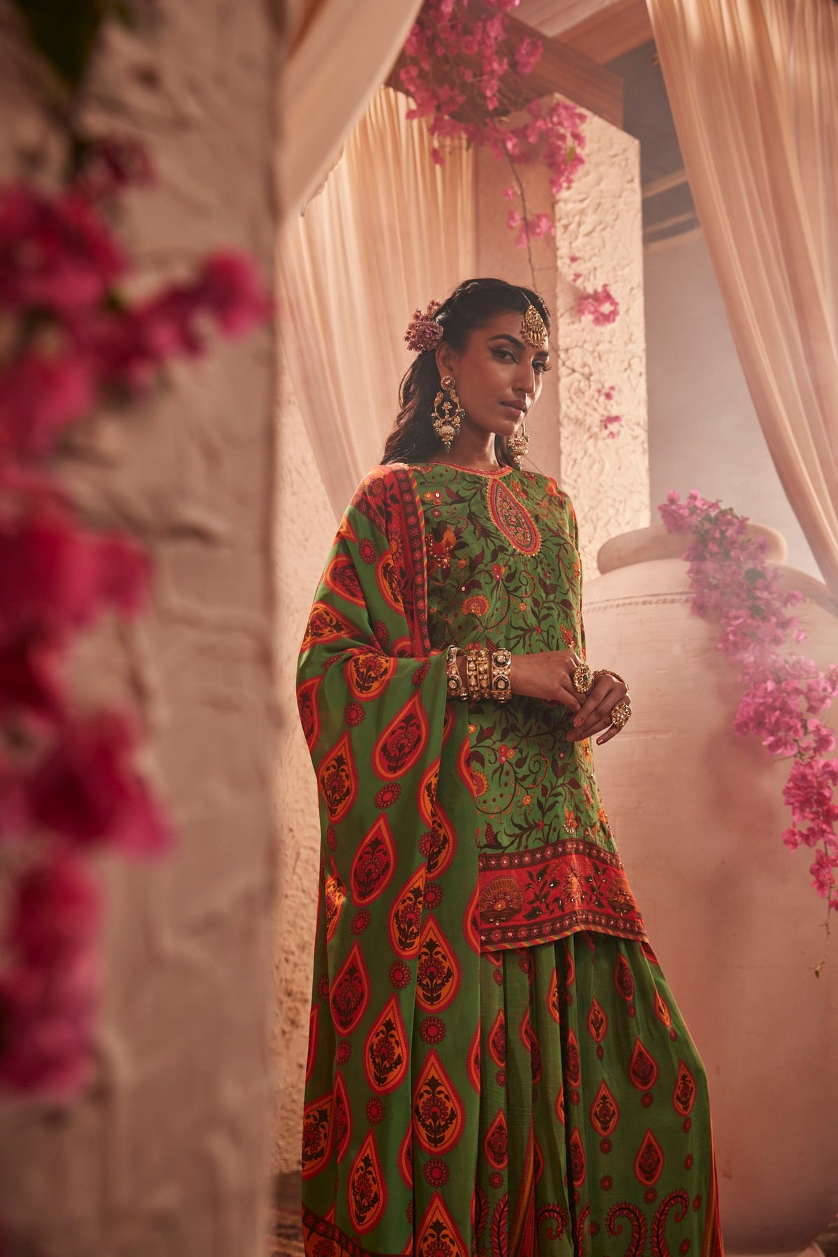 Silk Gharara Set With Paisley Prints