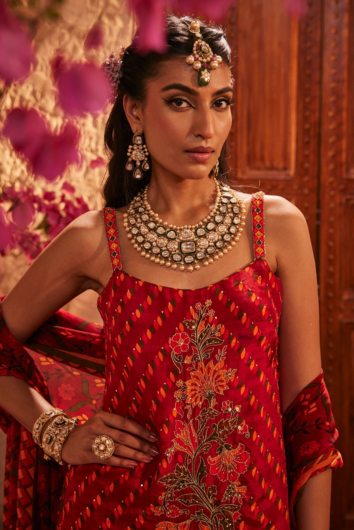 Gharara Set With Strappy Kurti And Floral Motif