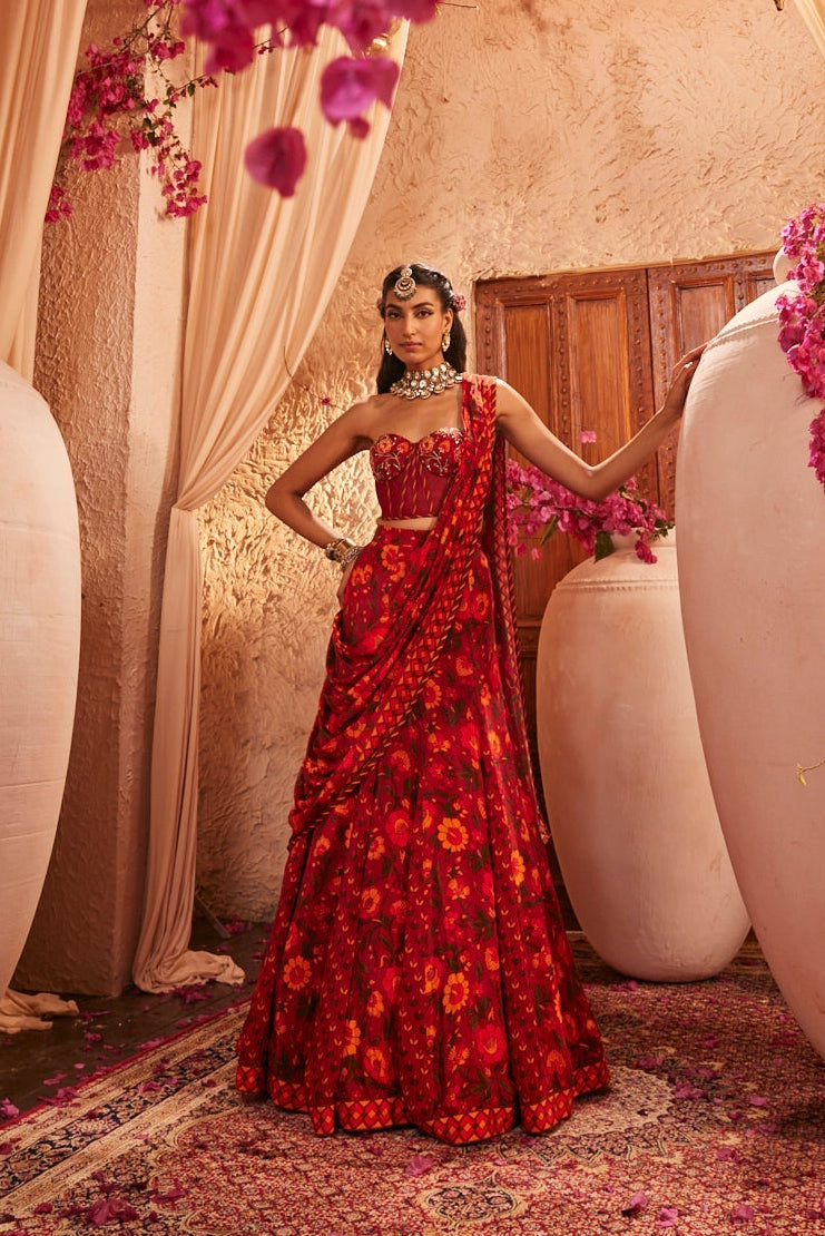 Corset Blouse With Fluid Draped Saree Set