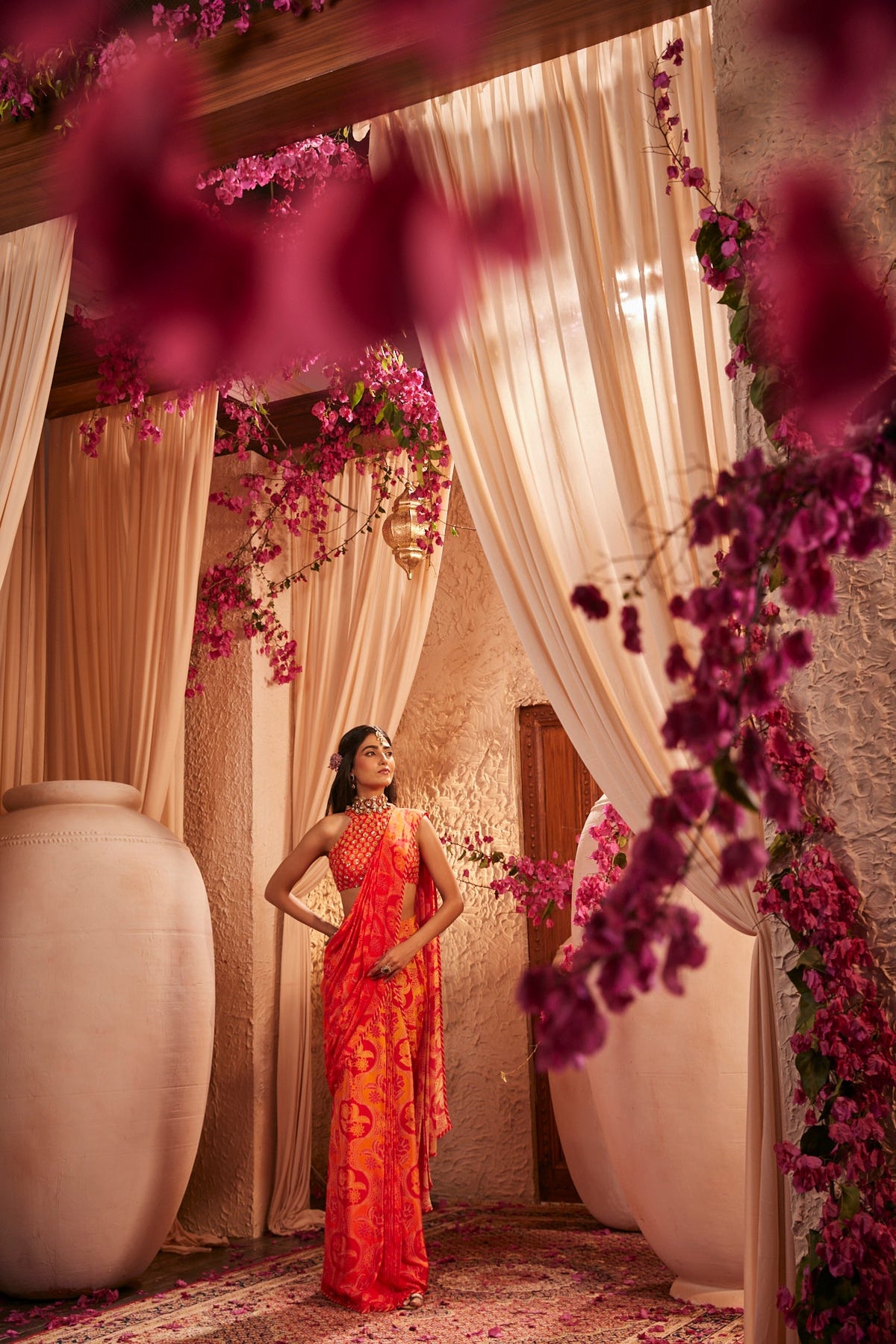 Sunset Blaze Draped Saree With Halter Blouse