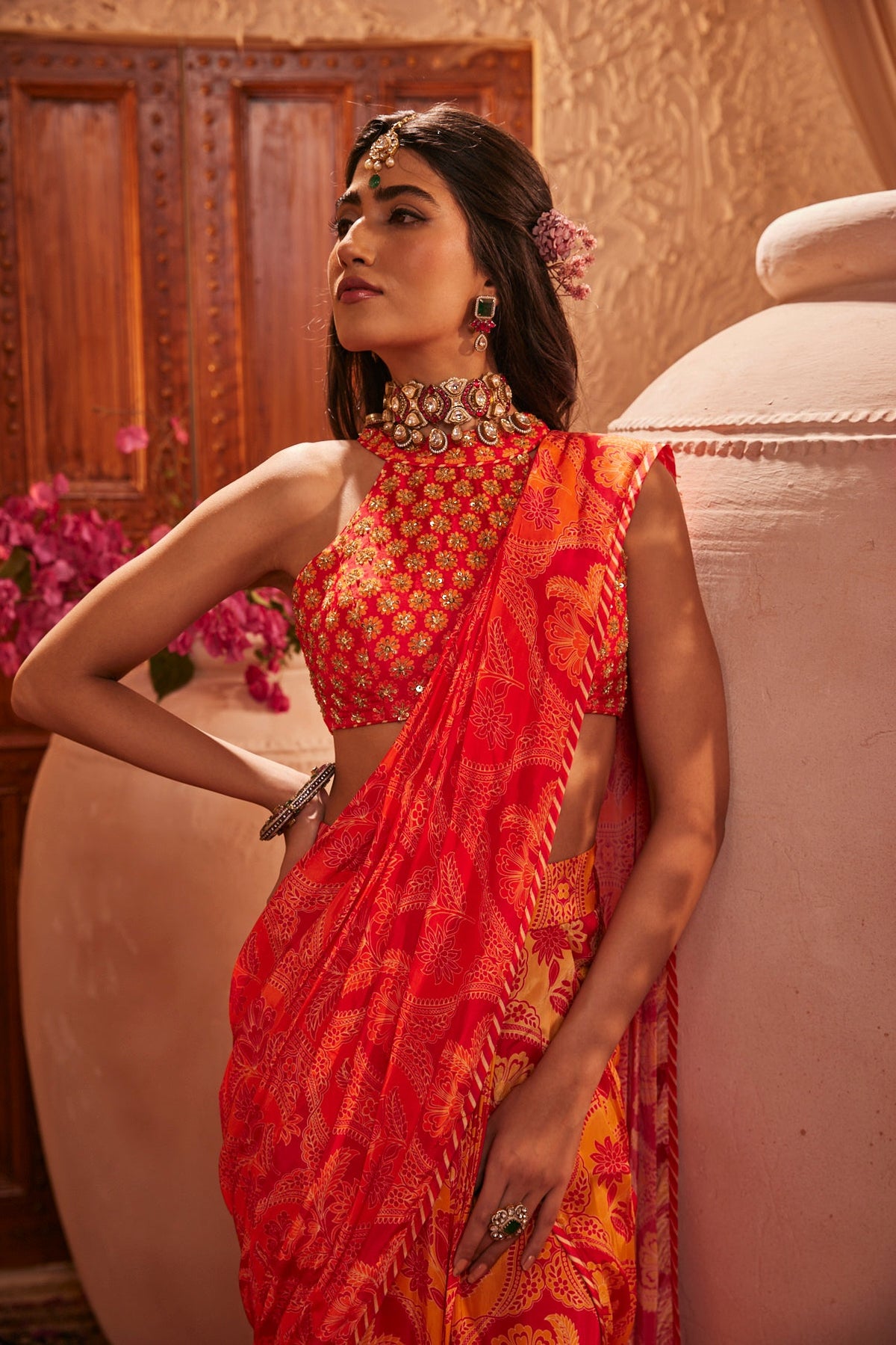 Sunset Blaze Draped Saree With Halter Blouse