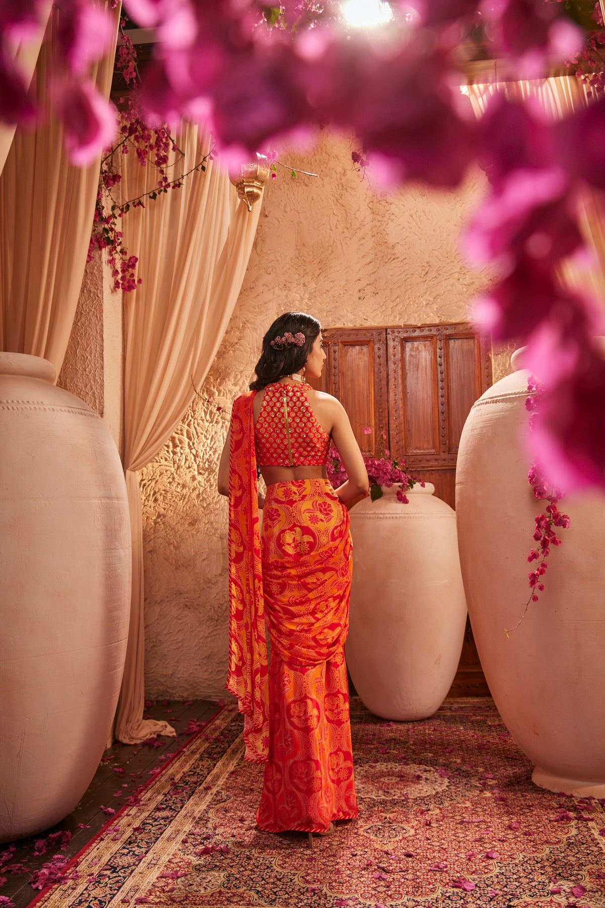 Sunset Blaze Draped Saree With Halter Blouse