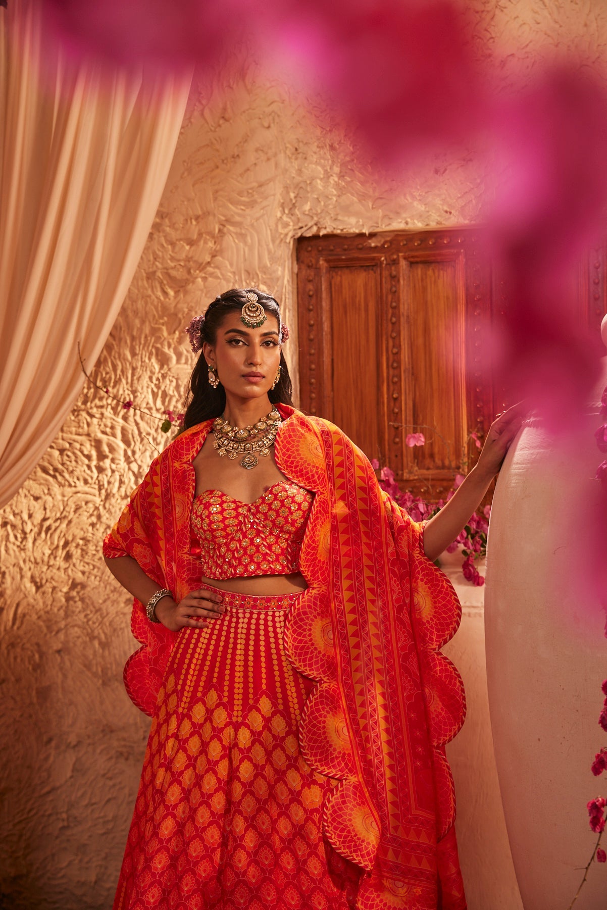 Fiery Red And Orange Set With Scallop Dupatta