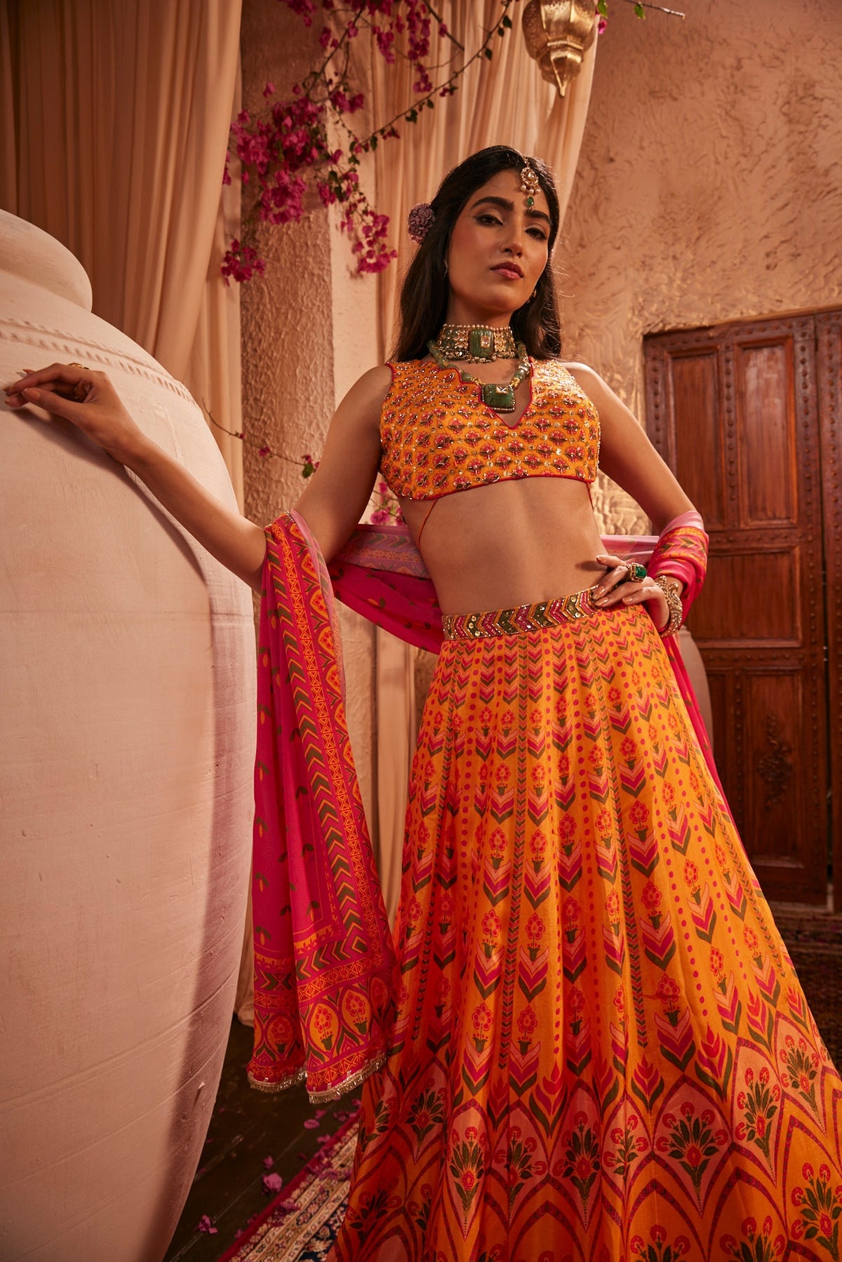 Pink And Yellow Lehenga Set With Sequin Work