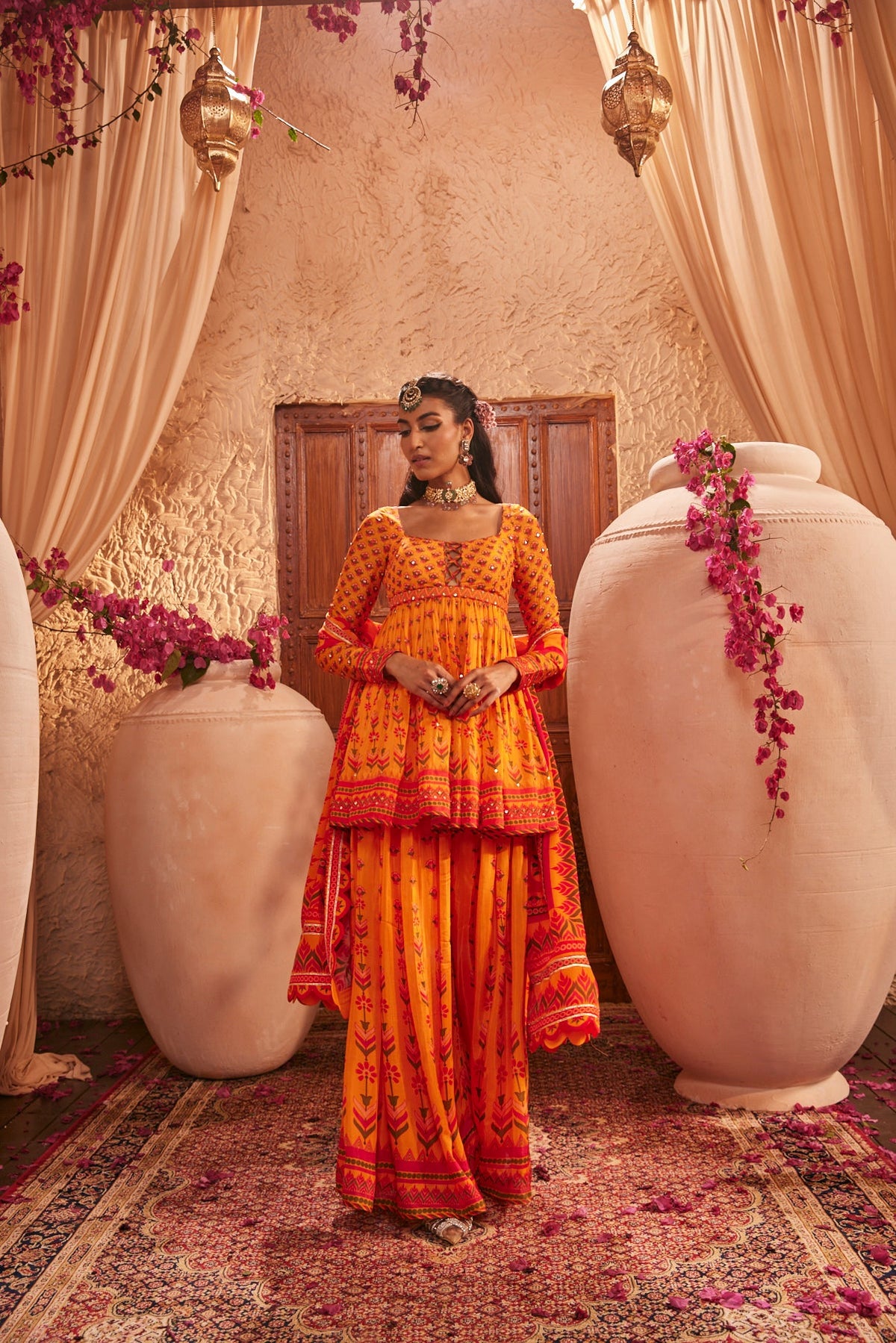 Flowy Silk Gharara Set With Floral Motifs