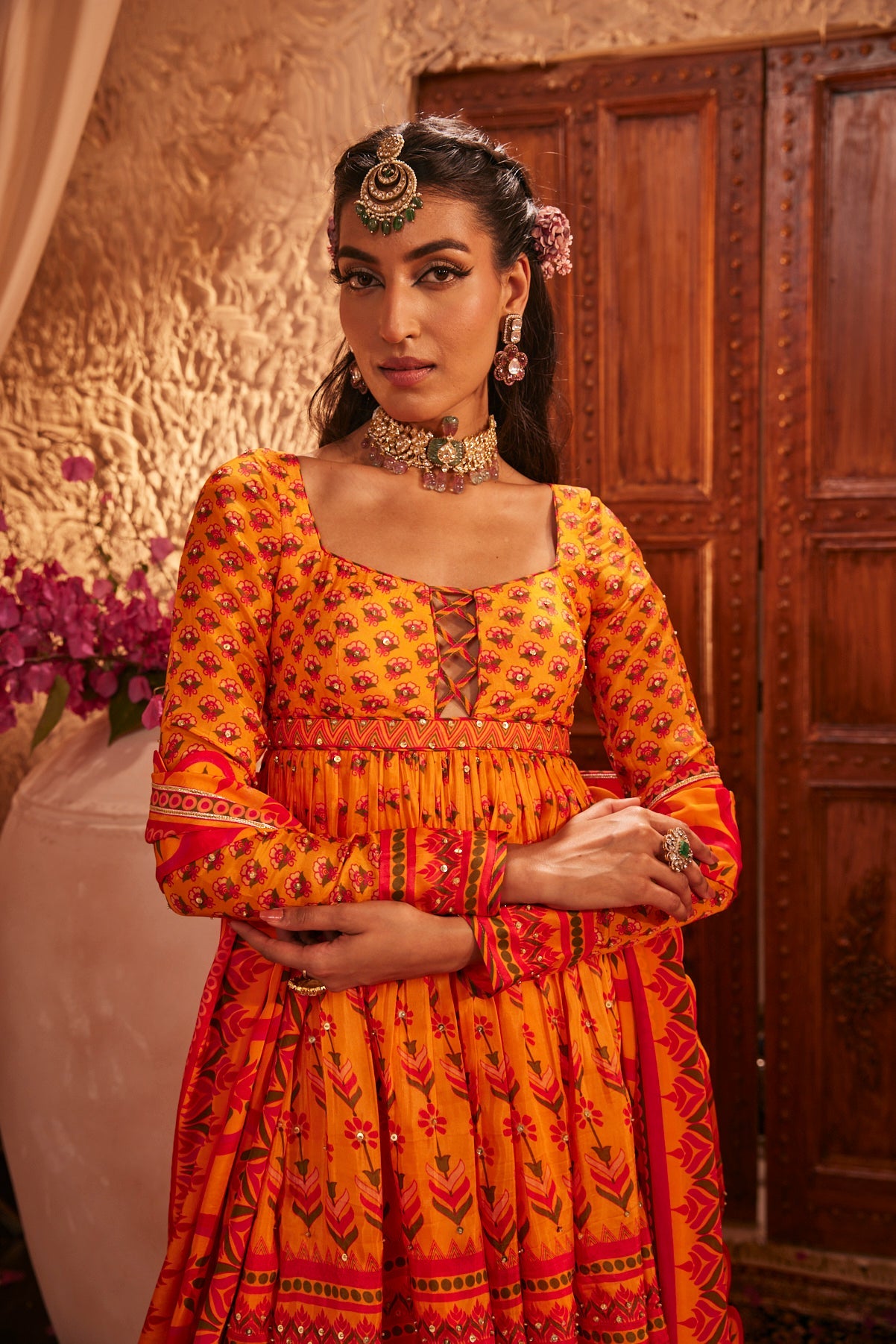 Flowy Silk Gharara Set With Floral Motifs