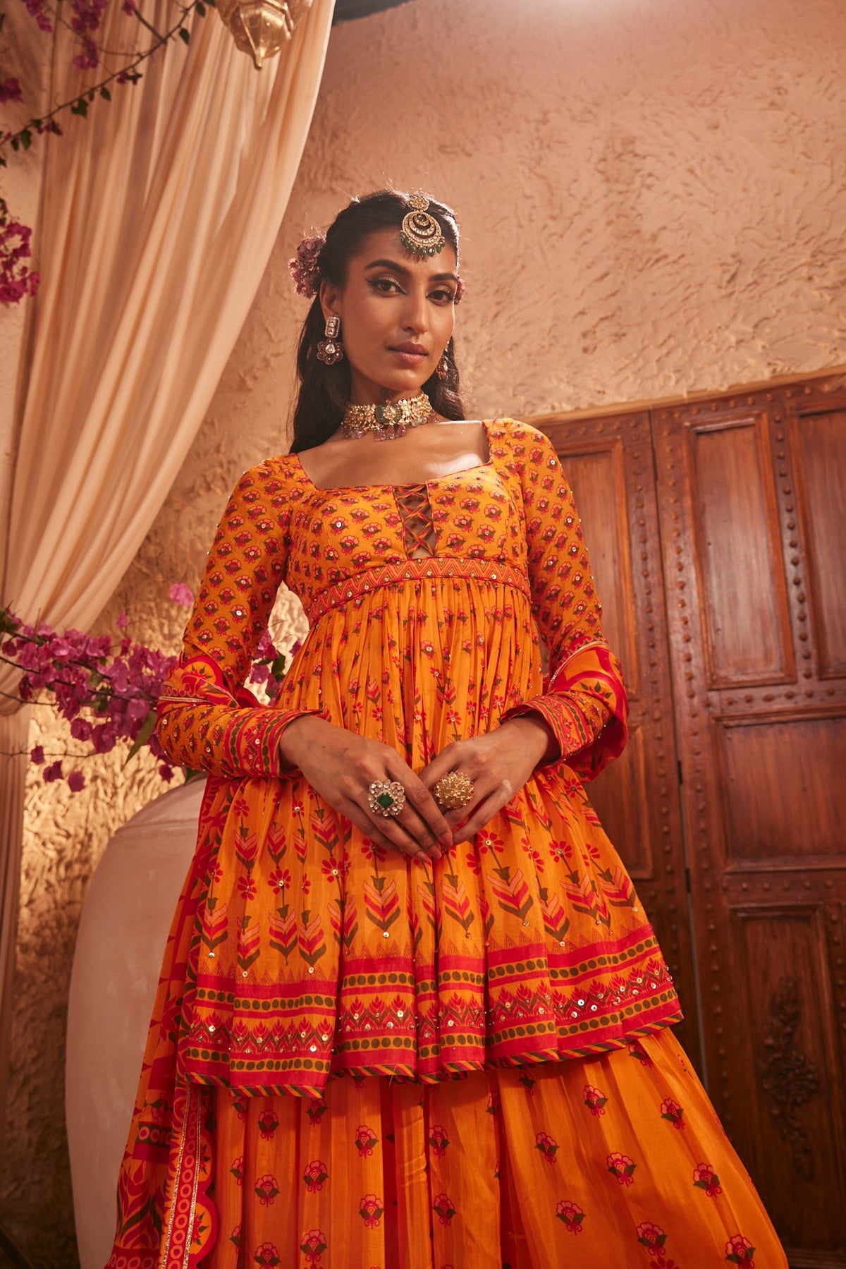 Flowy Silk Gharara Set With Floral Motifs