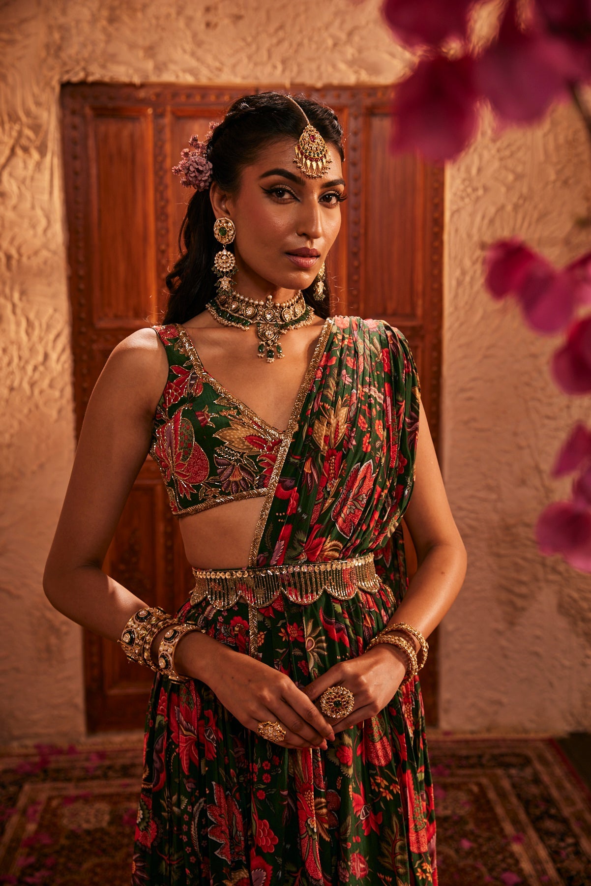 Green Draped Saree With Floral Ruffles And Belted Waist