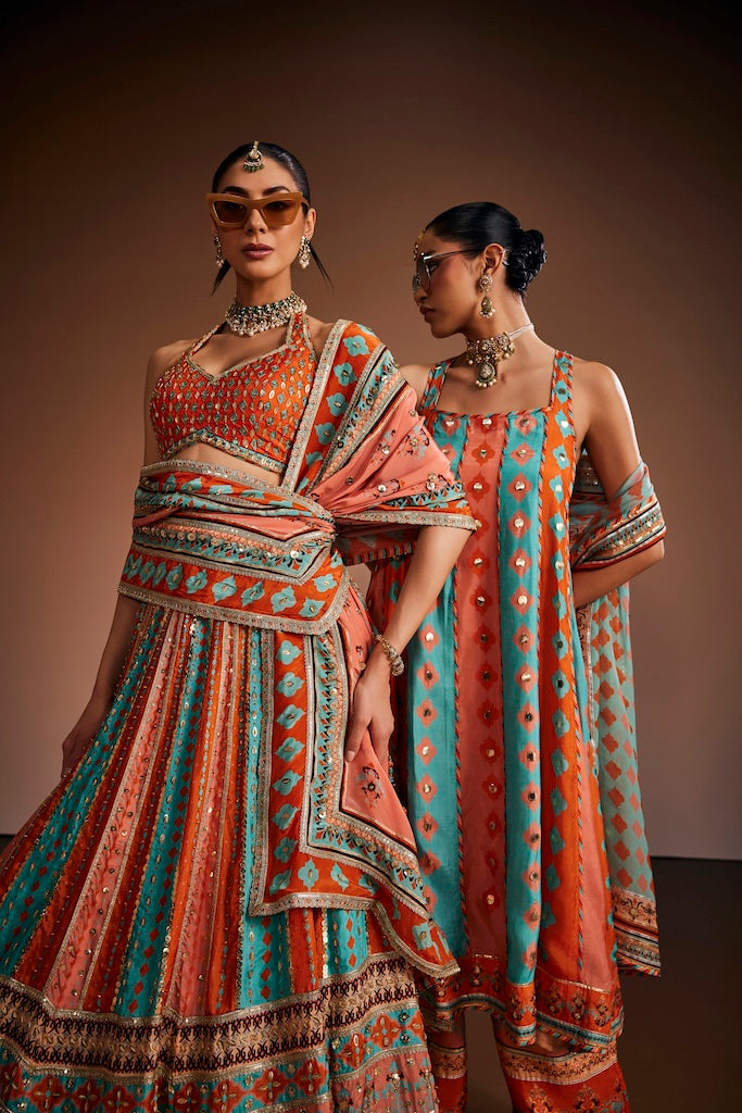 Peach & powder blue lehenga