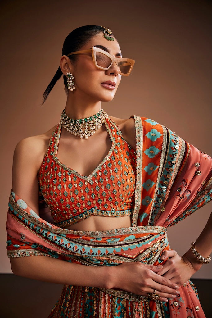 Peach & powder blue lehenga