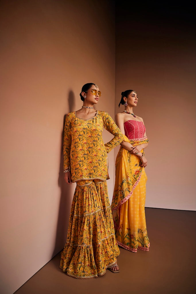 Mustard floral suit with magenta dupatta