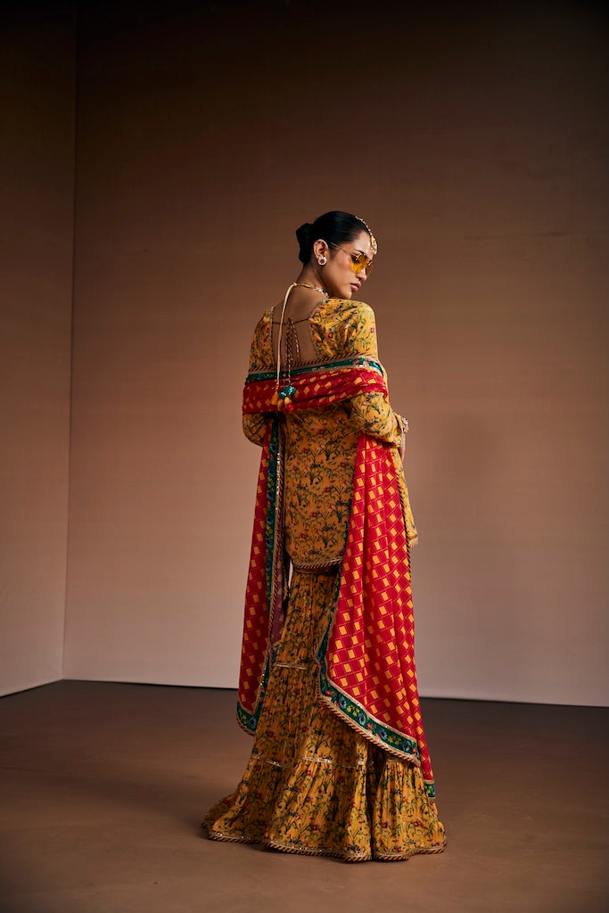 Mustard floral suit with magenta dupatta