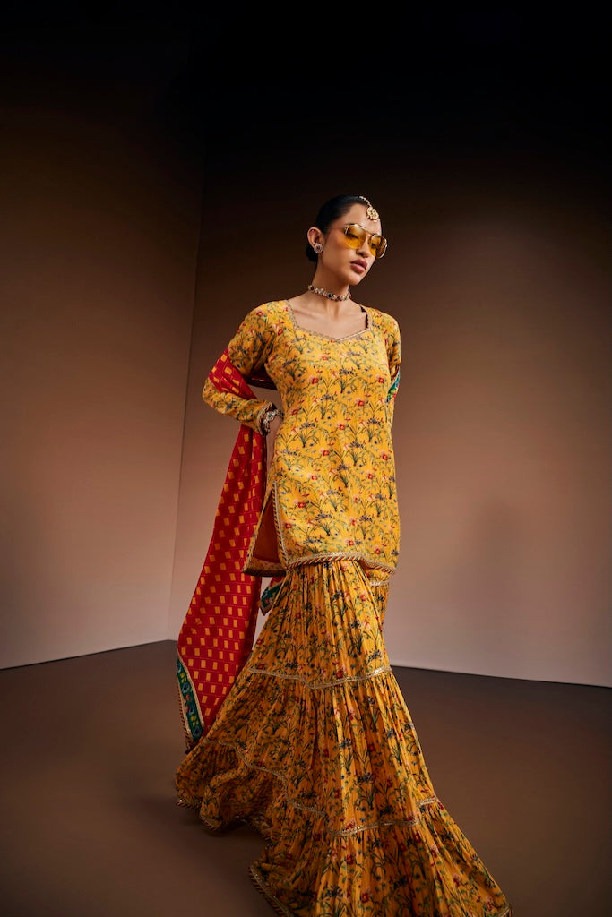 Mustard floral suit with magenta dupatta