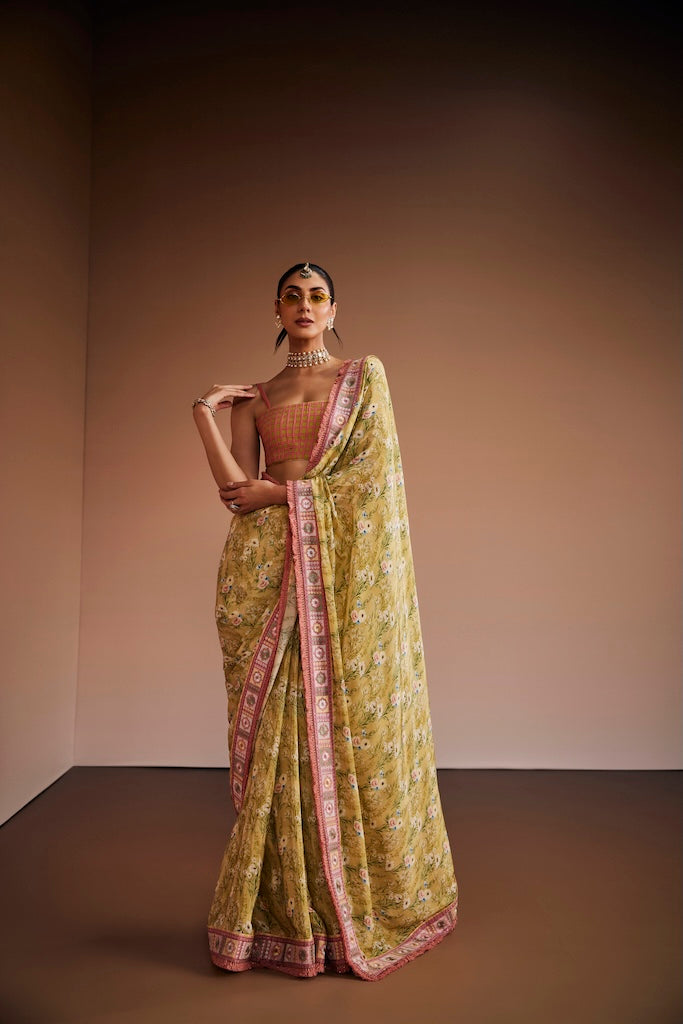 sage green & blush pink floral saree