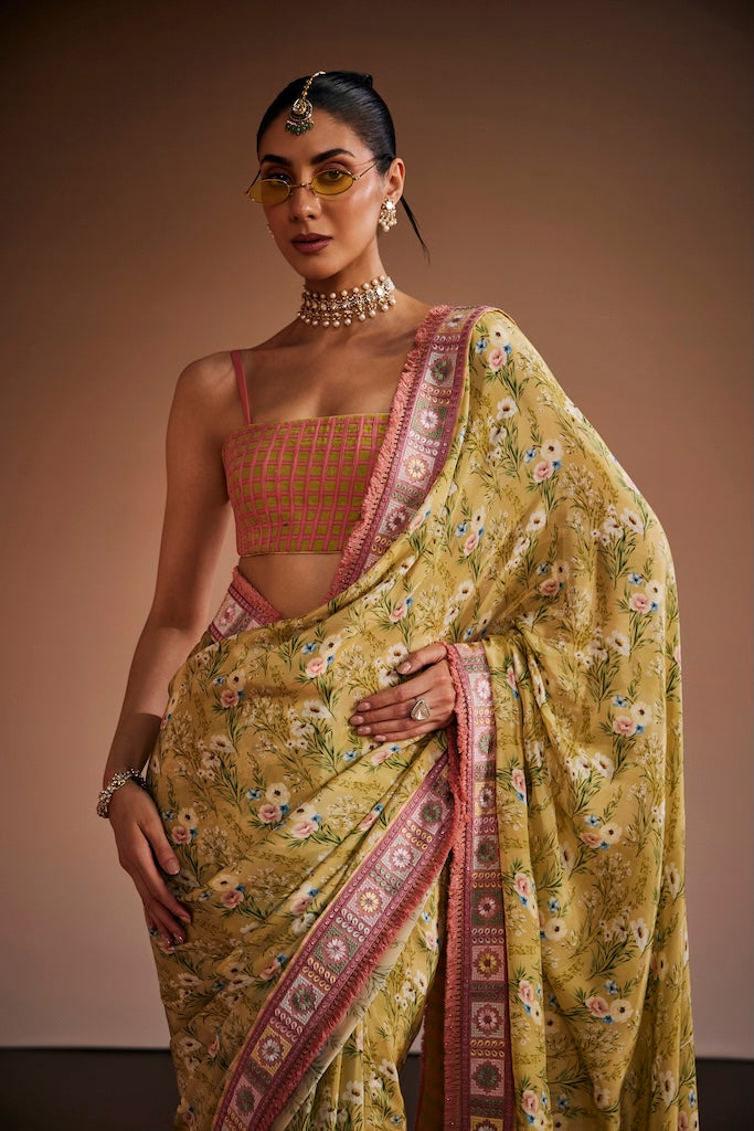 sage green & blush pink floral saree