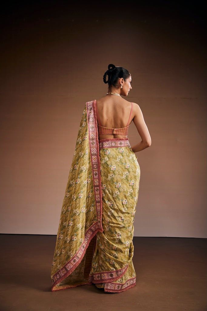 sage green & blush pink floral saree