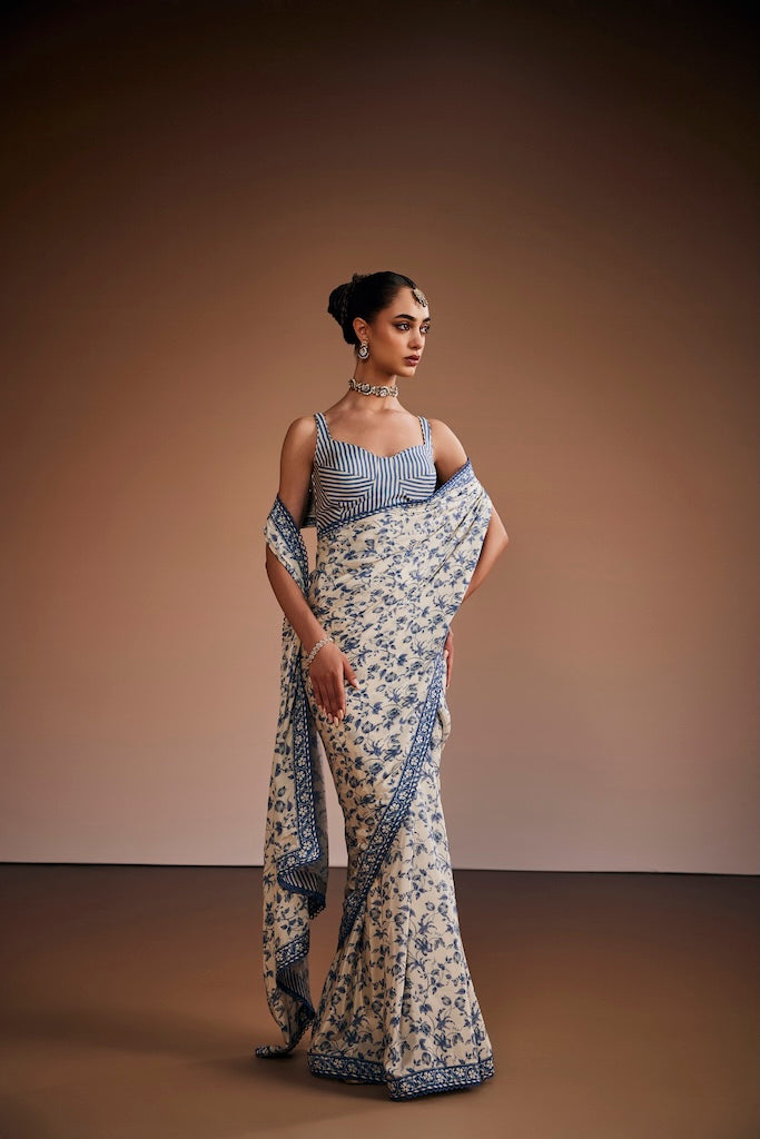 Dark slate blue & porcelain white halter saree