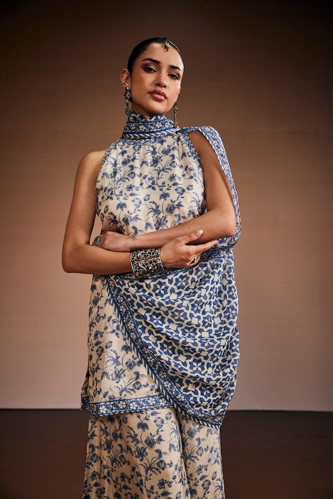 Dark slate blue & porcelain white halter coord set