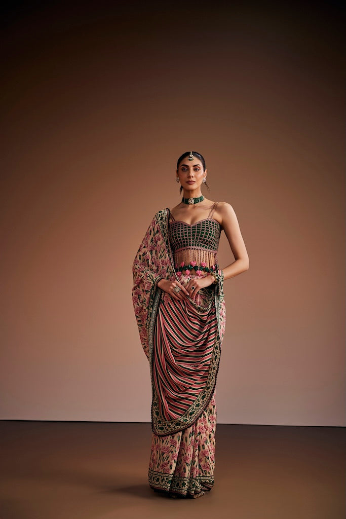 Pink carnation & warm ivory saree