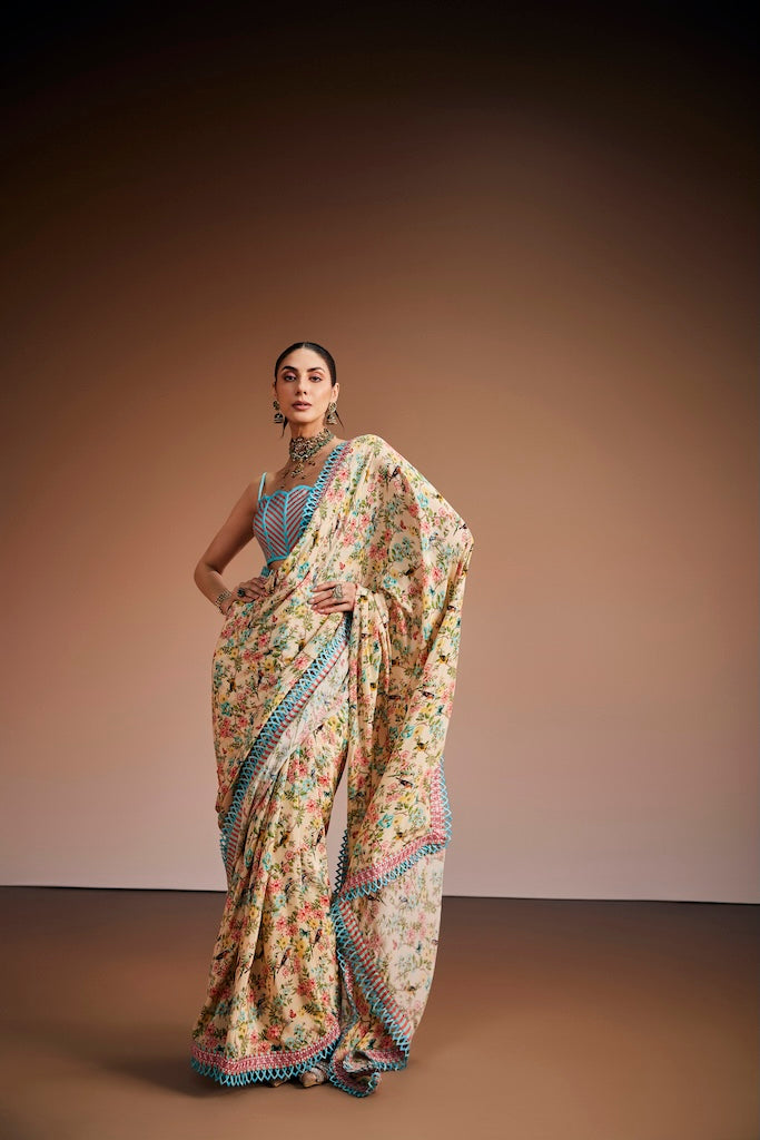 Cream vintage floral saree
