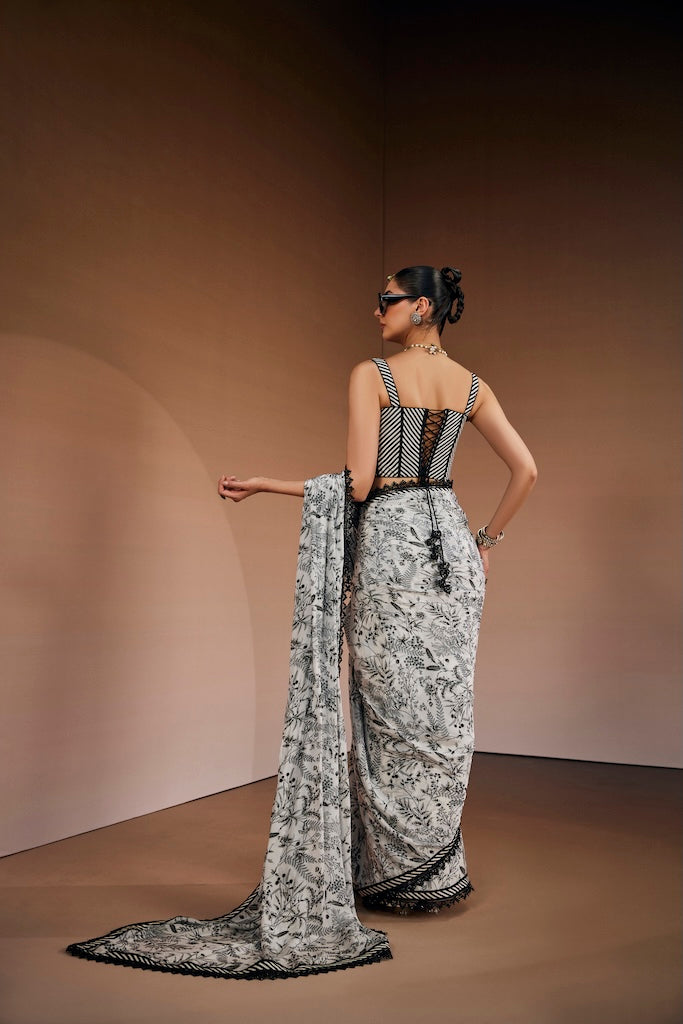 Black & white botanical saree