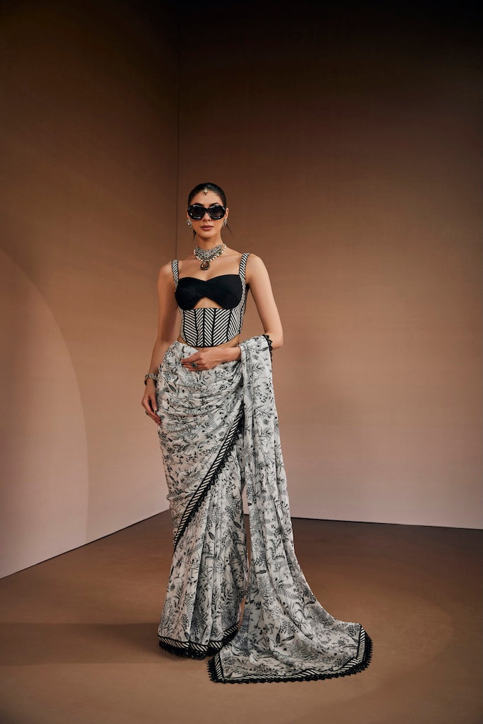 Black & white botanical saree