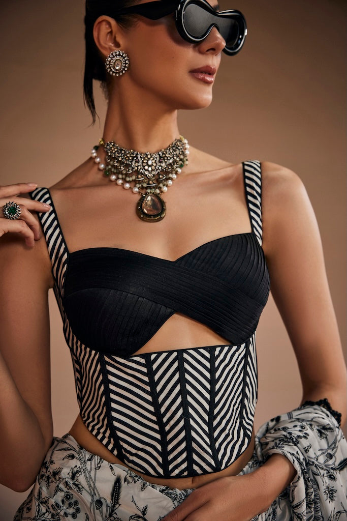 Black & white botanical saree