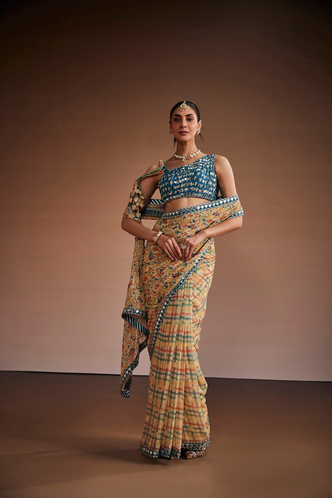 Warm grey vintage floral saree with dusty blue blouse