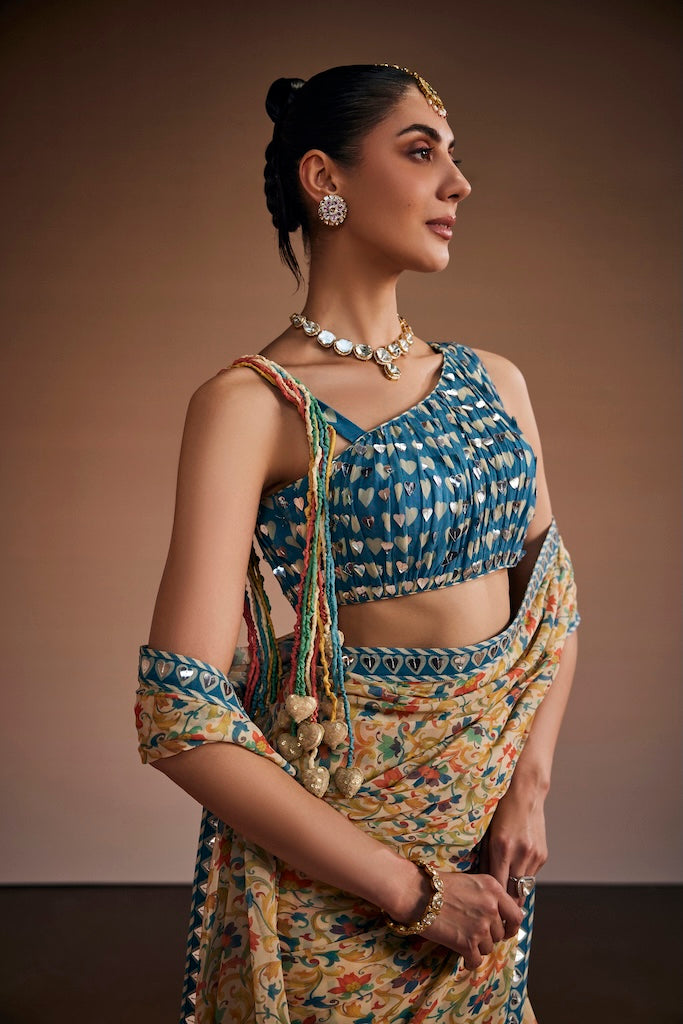 Warm grey vintage floral saree with dusty blue blouse