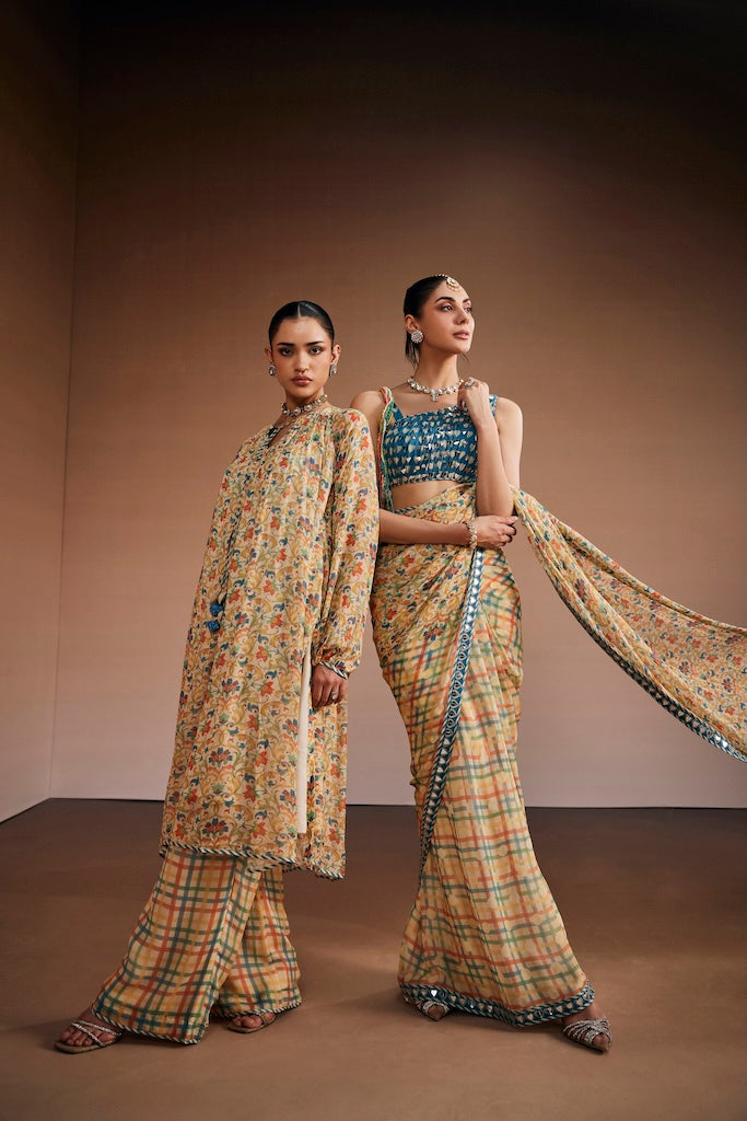 Warm grey vintage floral saree with dusty blue blouse