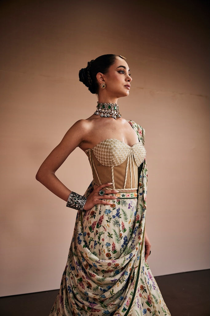 Sand beige & moss green checks skirt paired with corset and drape dupatta